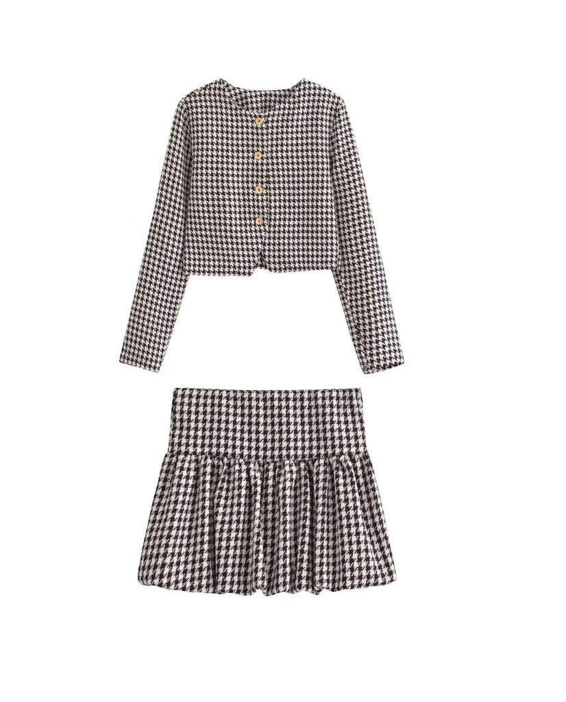 Women Houndstooth Jacket and Skirt Set for Spring Wear