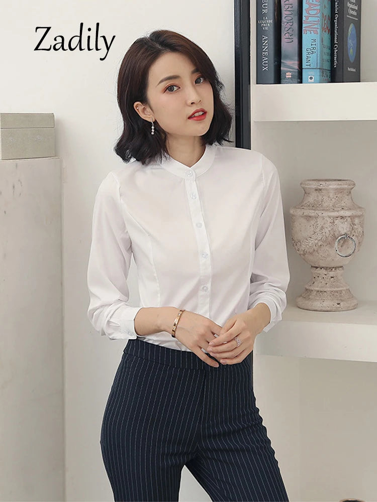 Zadily Women’s Long Sleeve White Basic Shirt Blouse Stand Neck Tunic Button Up Office Work Top All Season for elegant style.