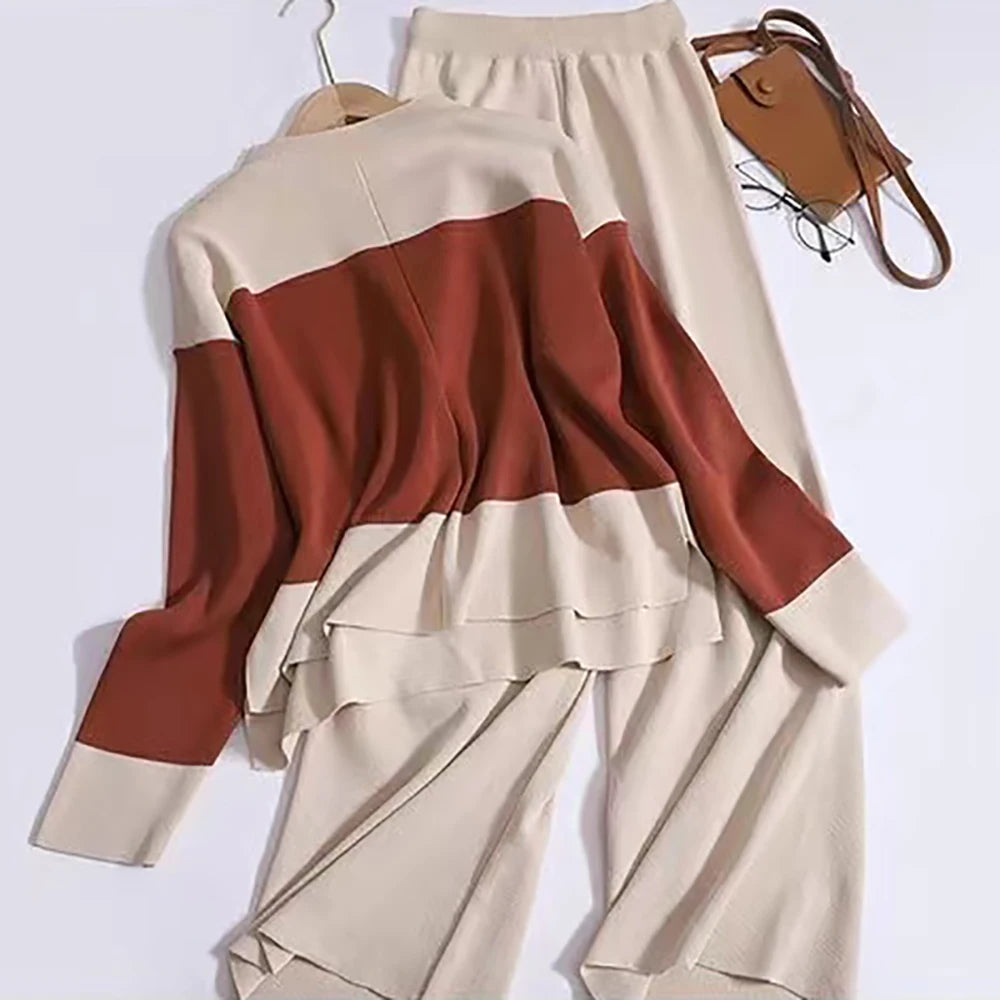 Stylish Women Pullovers Pant Set Casual Sweater Suit Color Block Knitted Loose Fit for Autumn and Winter fashion.