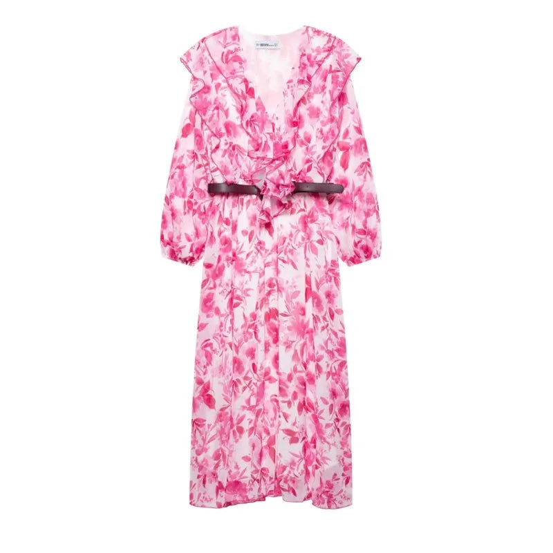 Printed Midi Dress With Belt for Women V Neck Chic