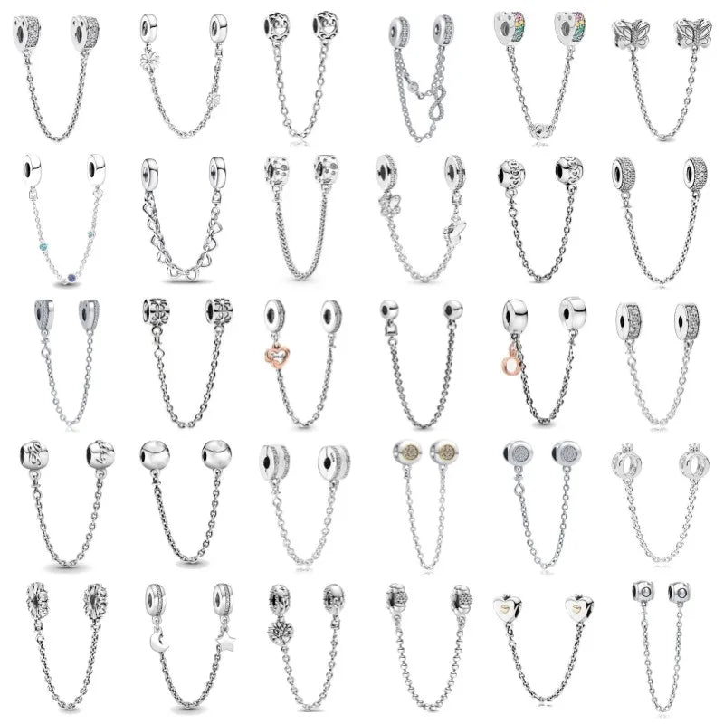 Elegant DIY Love Heart Family Safety Chain Bracelet with 925 Silver Star Clip Bead and Flower Charm Gift showcased.