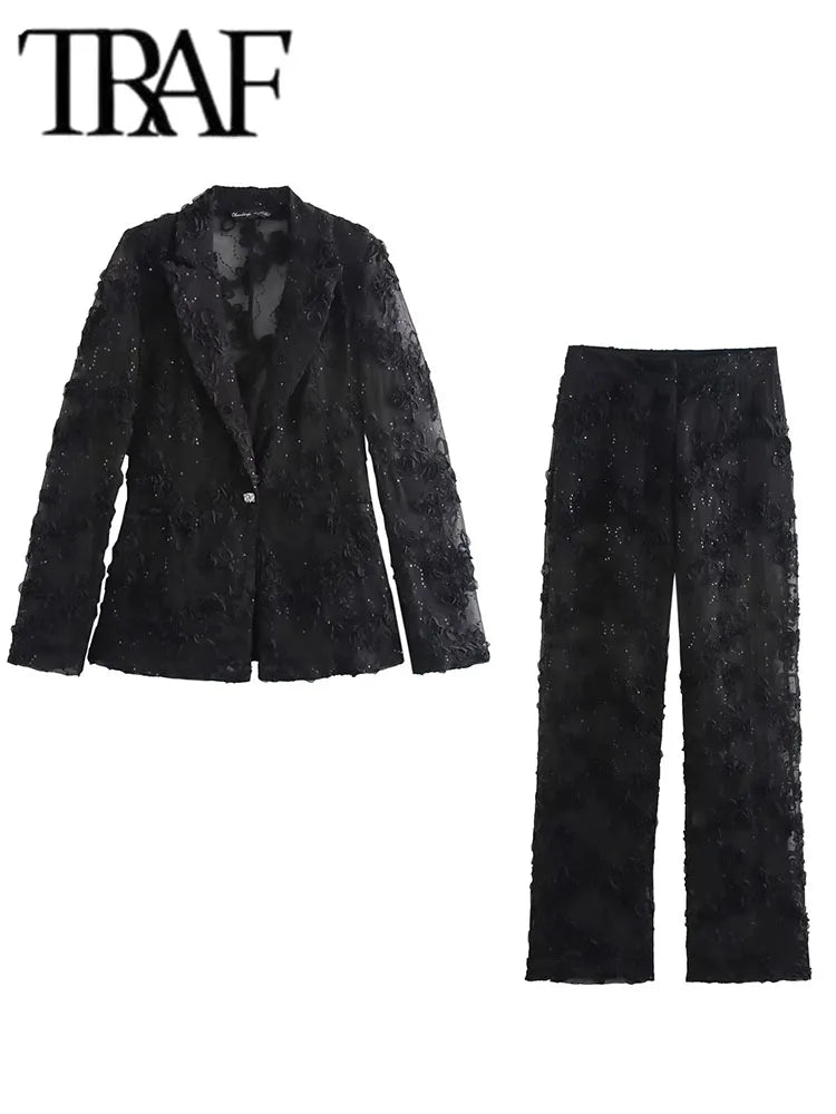 Sequin Two Piece Set For Women With Blazer Coat Elegant