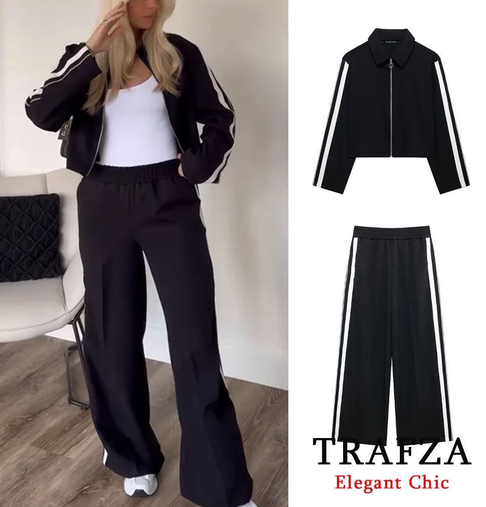Stylish Women Casual Two Piece Pant Set with Side Stripe Jacket and Wide Leg Pants, perfect for spring by TRAFZA.