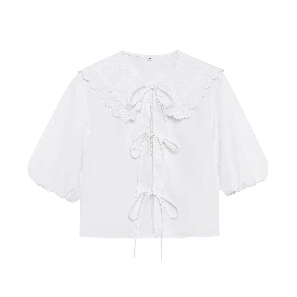 ZBZA Women's Embroidered Lace-Up Poplin Shirt with Peter Pan Collar and Puff Sleeves, perfect for spring and summer chic.