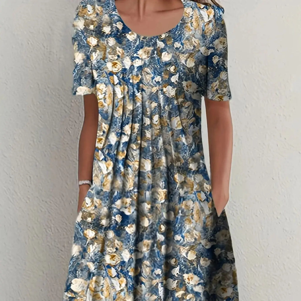 Printed Short Sleeve Dress With Round Neck For Women