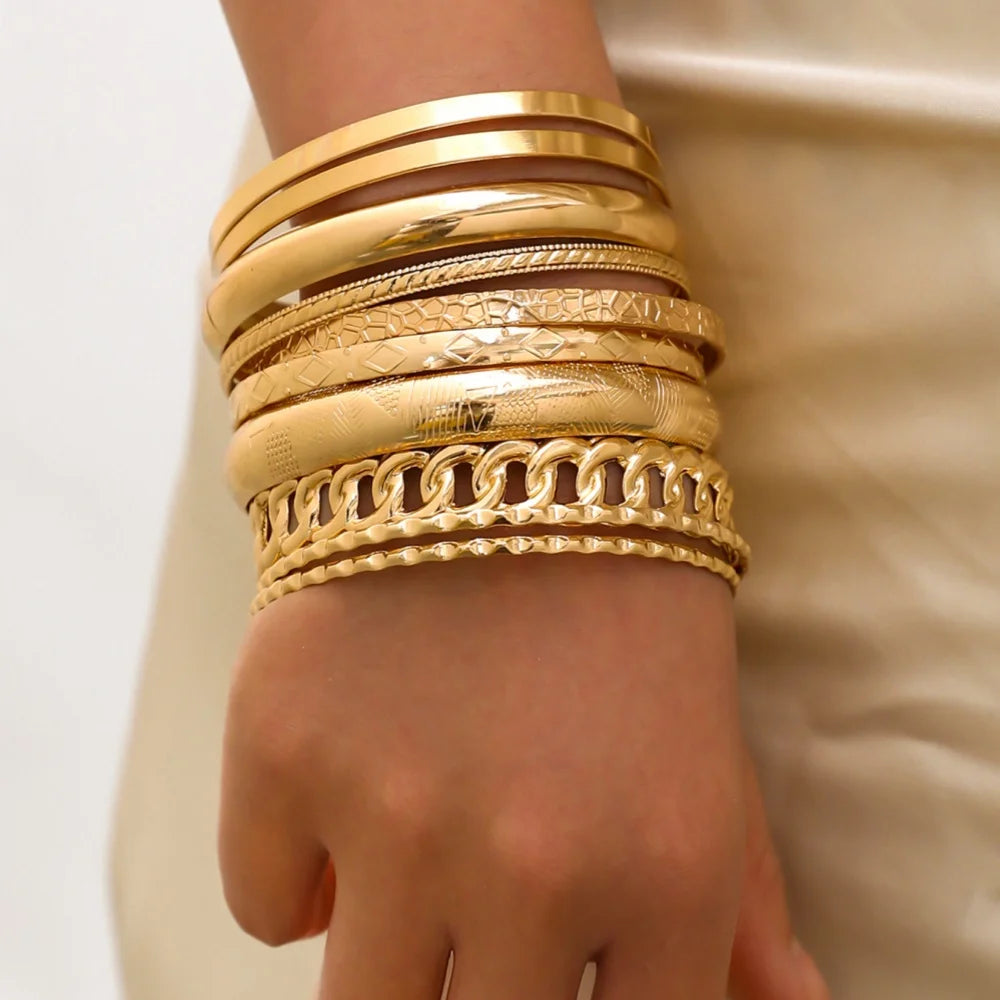 Stylish 10 Pieces Metal Bangles Set for Women Heavy Punk Hip Hop Textured Fashion Bracelets Jewelry Accessories.