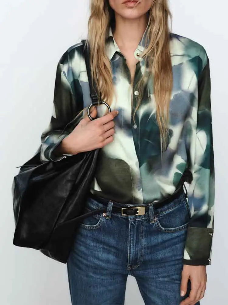 Elevate your style with the Elegant Printed Silk Satin Lapel Long Sleeve Shirt for Women with Soft Texture and Stylish Fit.