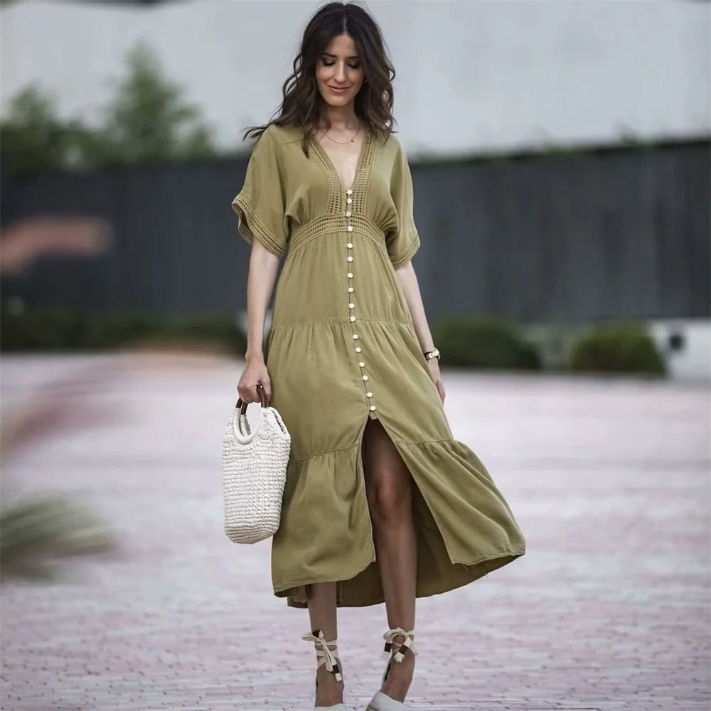 Summer Womens V Neck Lace Shirt Dress Long Casual Fit