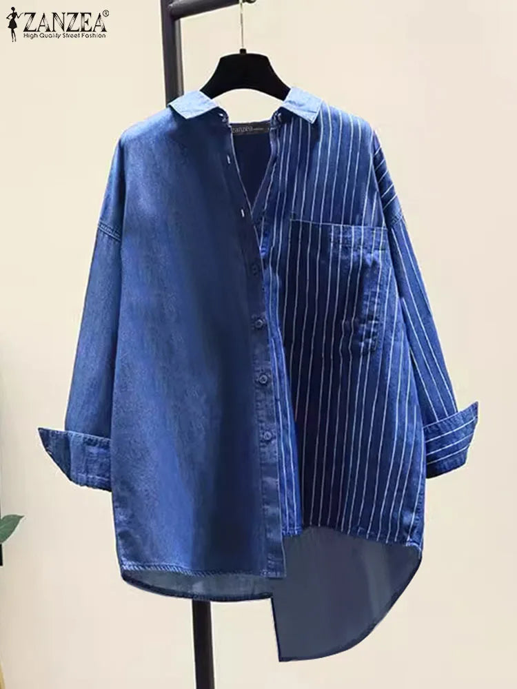 Women’s Striped Patchwork Long Sleeve Shirt Casual Loose Blouse from ZANZEA, perfect for everyday wear with a stylish front pocket.