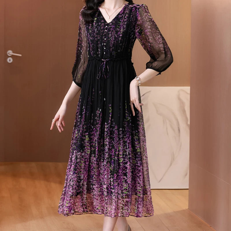 Purple Floral Chiffon Dress With V Neck And Lantern Sleeves