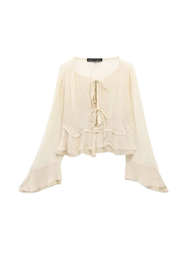 Elevate your style with this Women’s Summer Chiffon Blouse with O-Neck Drawstring Bow, perfect for warm weather.