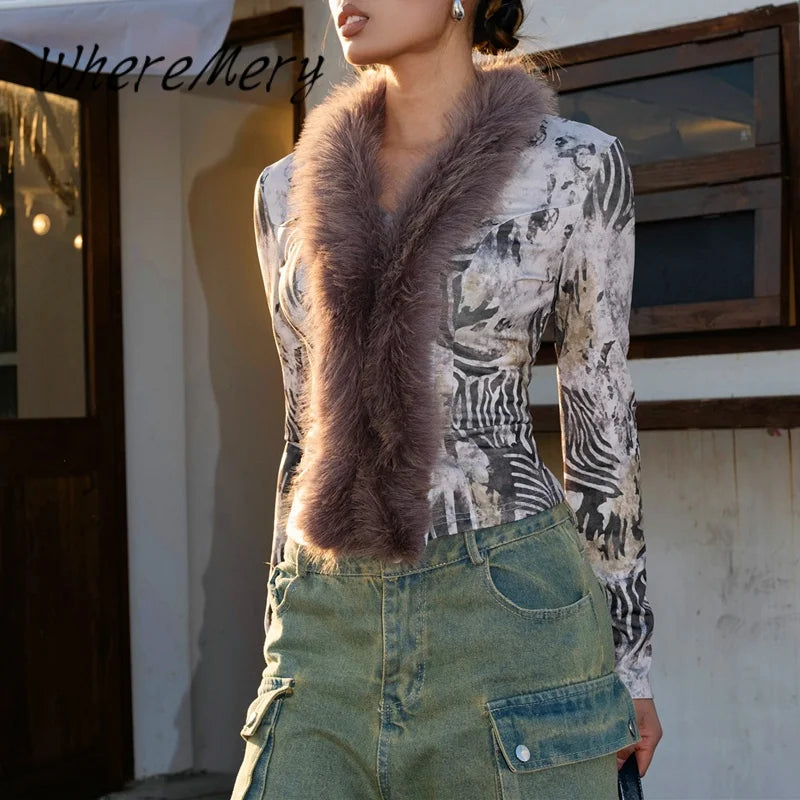 Vintage Women's Fur Jacket With Knit Print V Neck Topcoat