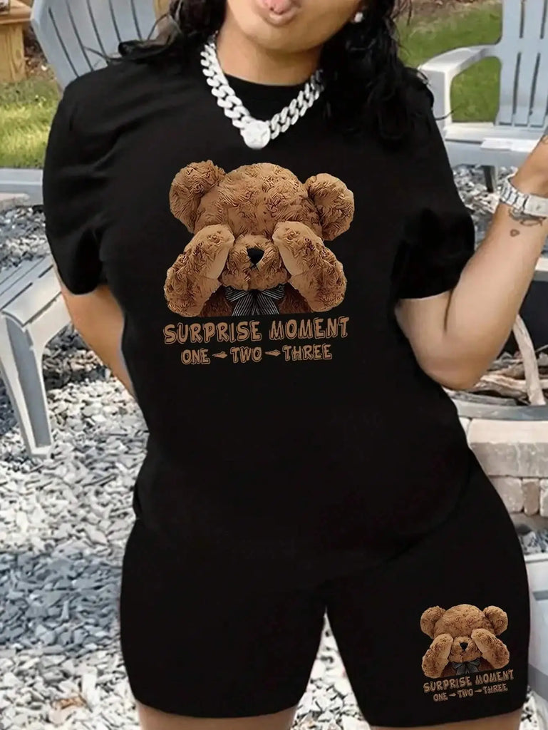 Surprise Moment Teddy Bear Print Two Piece Set features a comfy oversized tee and shorts, perfect for casual fashion.