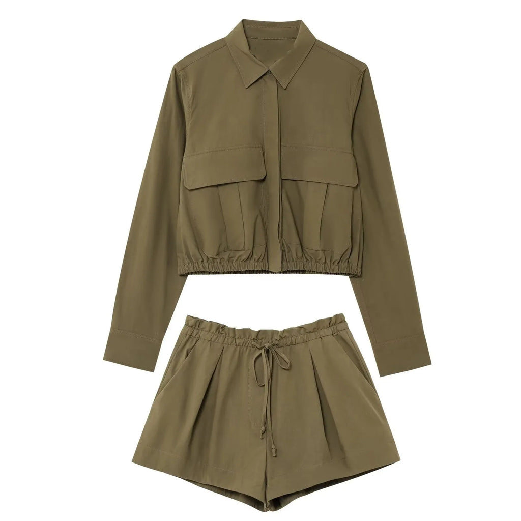 Stylish Women's Workwear Style Two-Piece Set Featuring Lapel Pocket Shirt and Lace-Up Elastic Waist Shorts for Casual Chic Spring Summer Look.