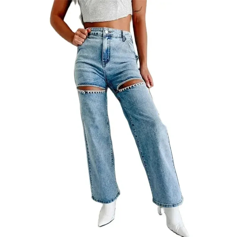 Thigh Split Diamante Jeans Women High Waist Straight Denim