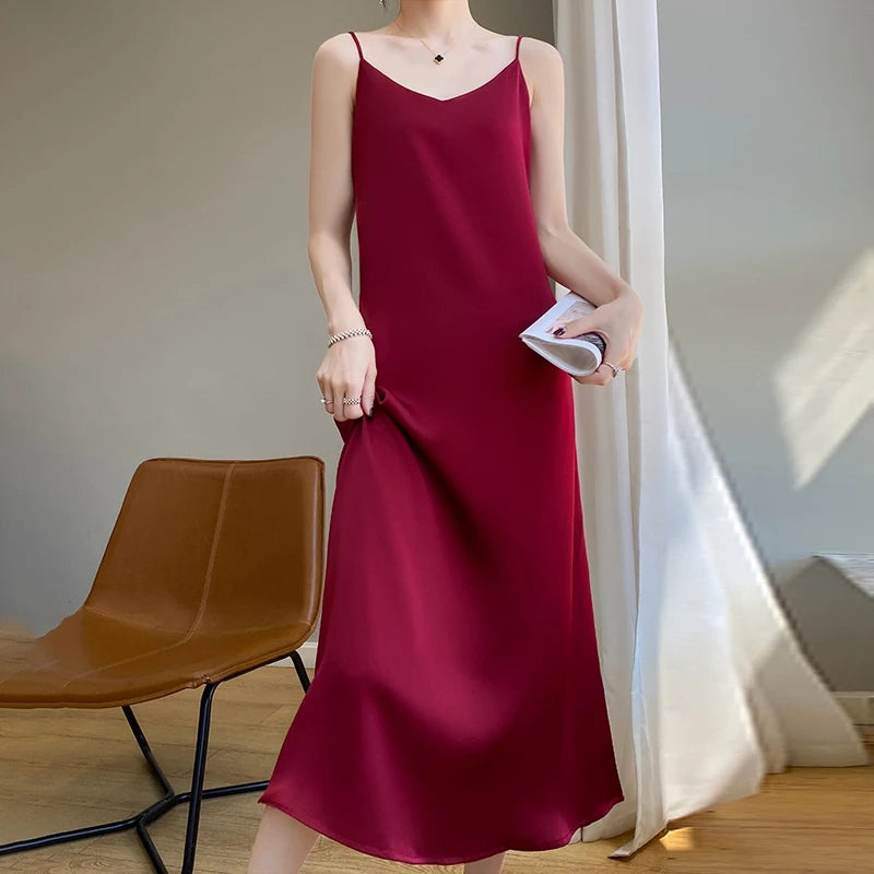 Summer Halter Silk Dress Satin Solid Color Long A Line Midi