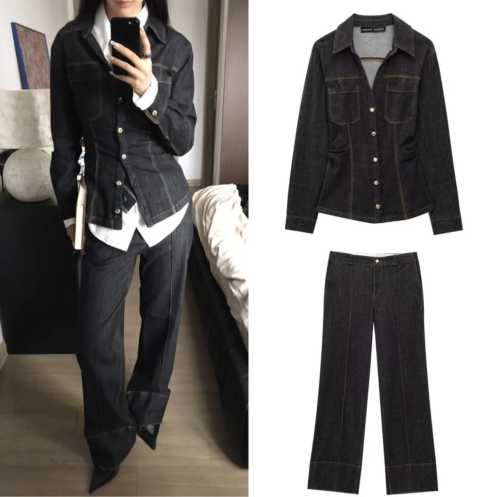 Women's Slim-Fit Denim Shirt with Stretch Waist and Flare Trousers for Comfortable Spring Style, perfect for casual outings.