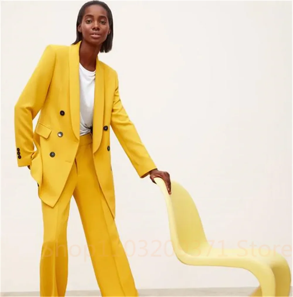 Plus Size Yellow Pantsuit for Women Double Breasted Blazer