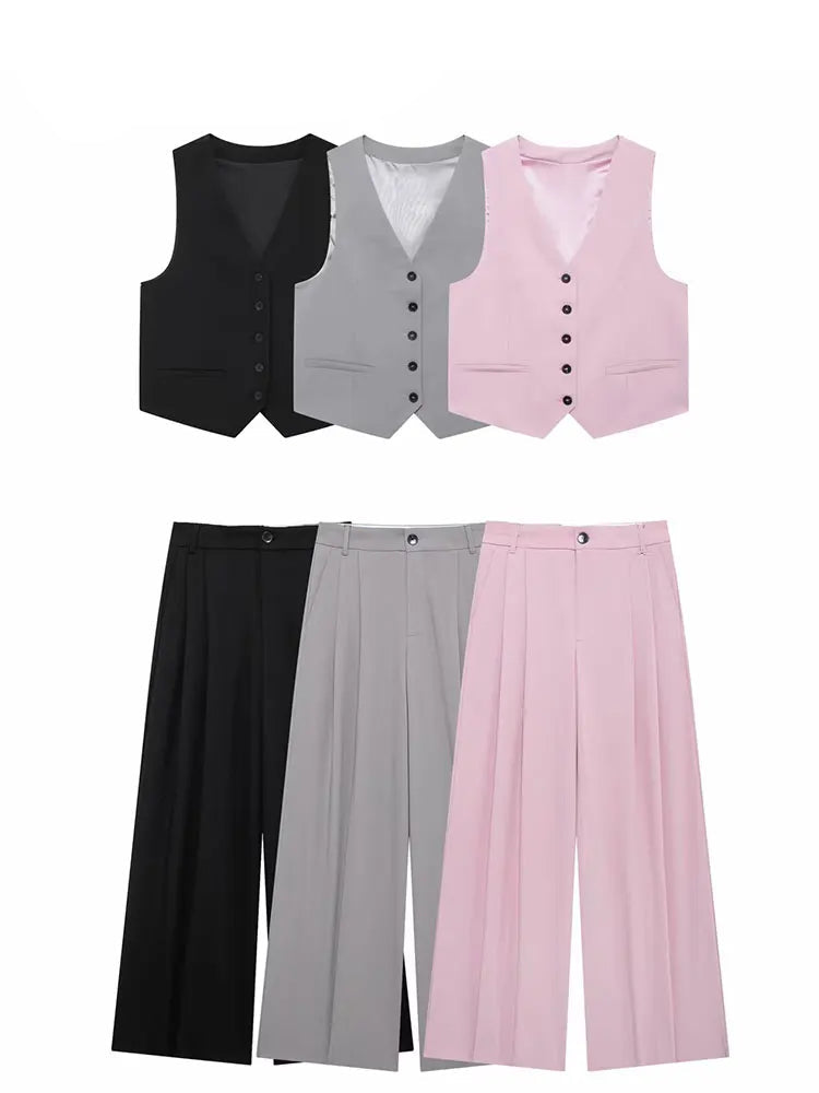 Stylish Women Solid Pant Sets with Adjustable Back Strap and V-Neck Vest High Waist Trousers Fashion Outfit in various colors.