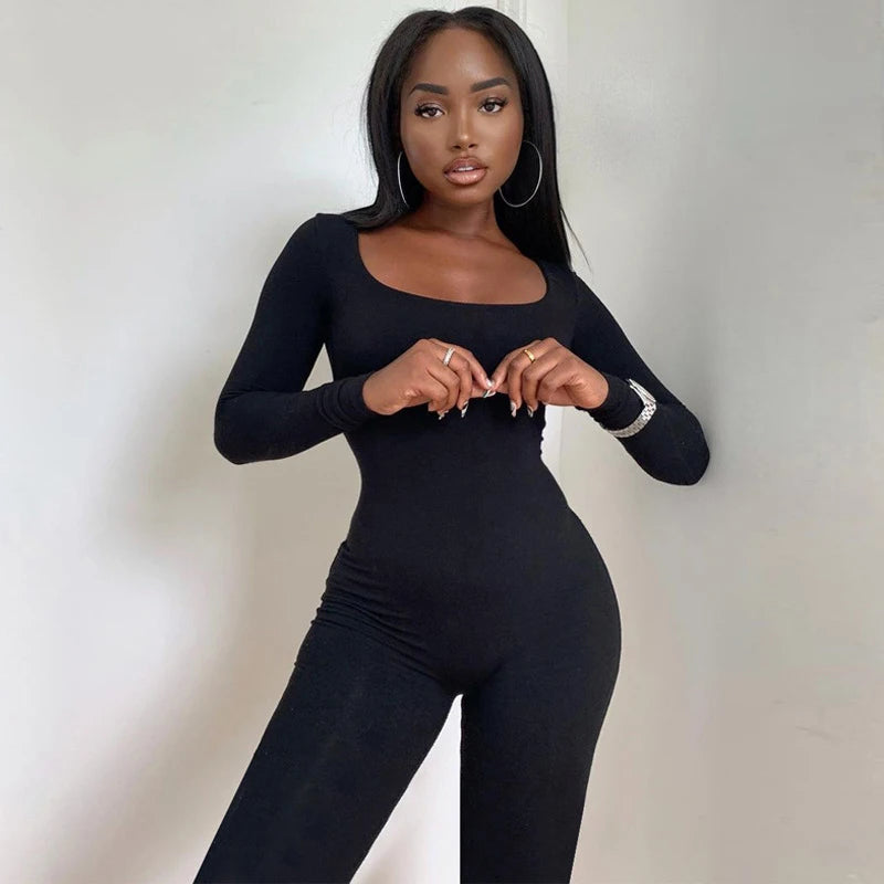 Stylish Deep Neck Long Sleeve Skinny Black Stretchy Bodycon Jumpsuit Slim Fit Autumn Winter Fashion Streetwear Romper for Women.