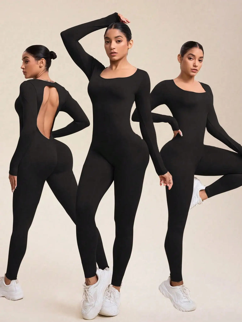 Sleek Women Long Sleeve Sexy Backless Bodycon Jumpsuit Romper with Scrunch Butt V Back, perfect for workouts and style.