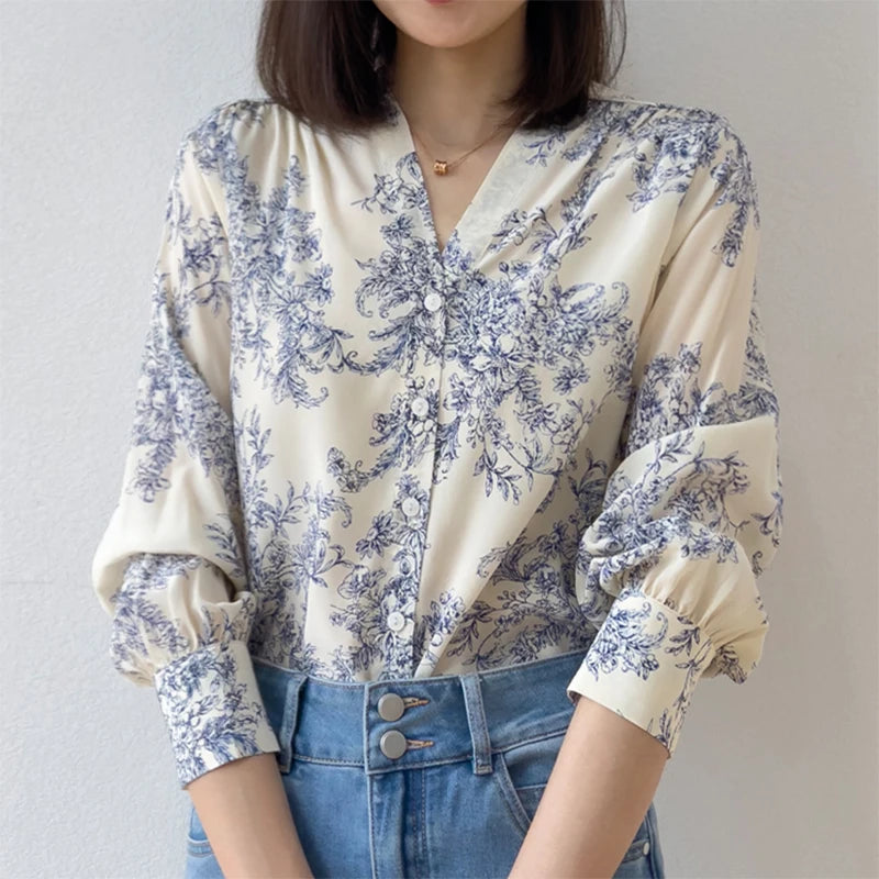 Elegant Women 100 Percent Mulberry Crepe Silk Shirt White Floral Button Down Long Sleeve Blouse for office wear in M, L, XL.