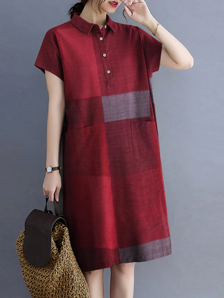 Lightweight Grid Print Shirt Dress For Women Summer Casual