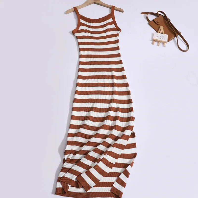 Striped Knit Slip Dress With Slim Waist For Summer Chic