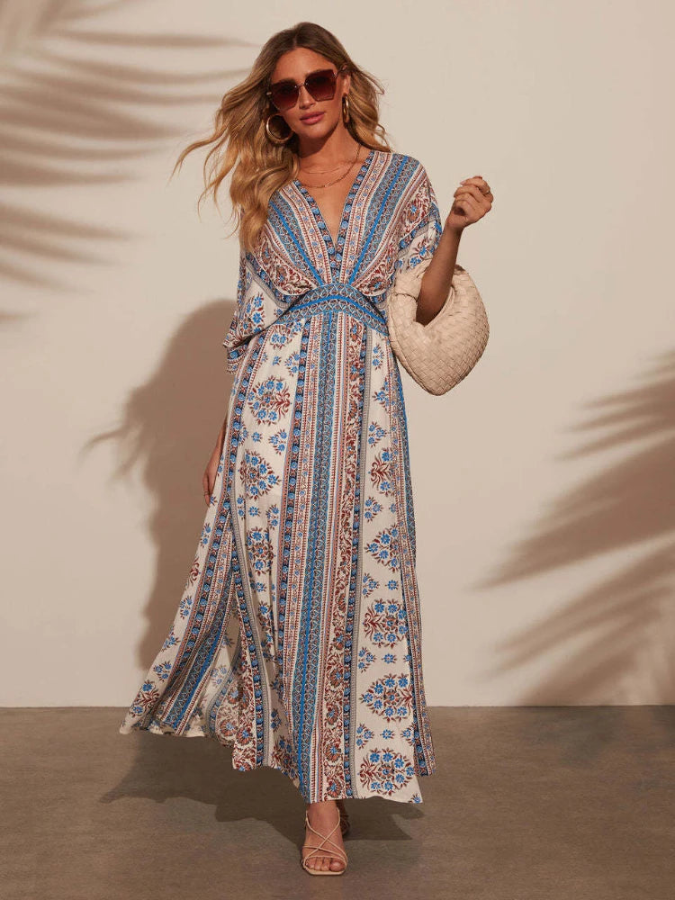 Bohemian Maxi Dress Printed V Neck Beach Vacation Style
