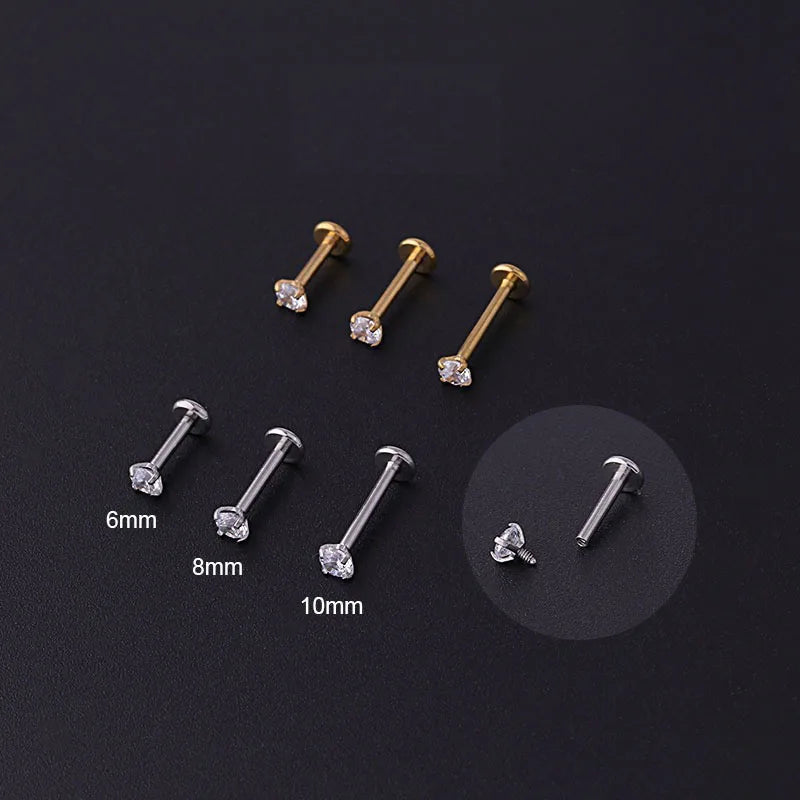 Stylish 2pcs Stainless Steel Tragus Earrings with Crystal Labret and Small Helix Cartilage Studs for Women Body Jewelry.