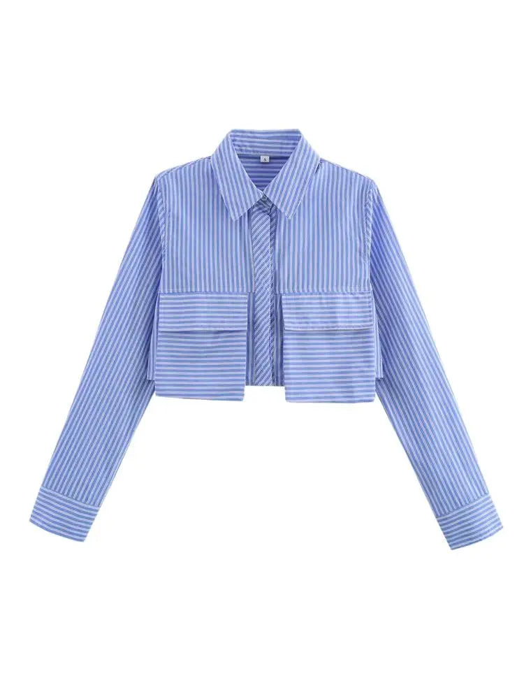 Stylish TRZA Women’s Chic Striped Crop Shirt Long Sleeve Button-Up Blouse with Pockets for casual fashion looks.