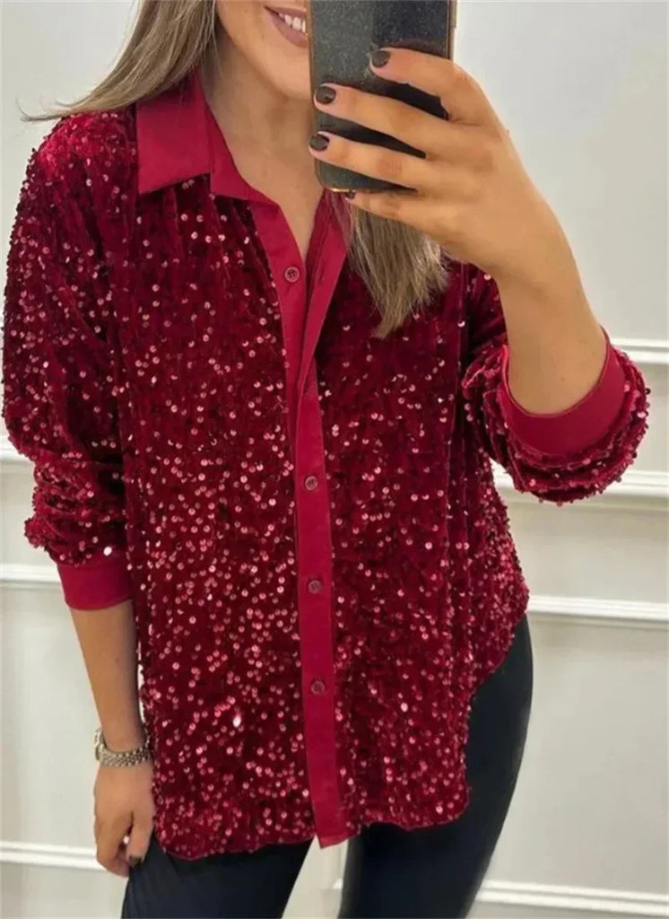 Stylish Sequin Lapel Women's Black Shirt Casual Glitter Loose Long Sleeve Single Breasted Retro Party Top for trendy streetwear.