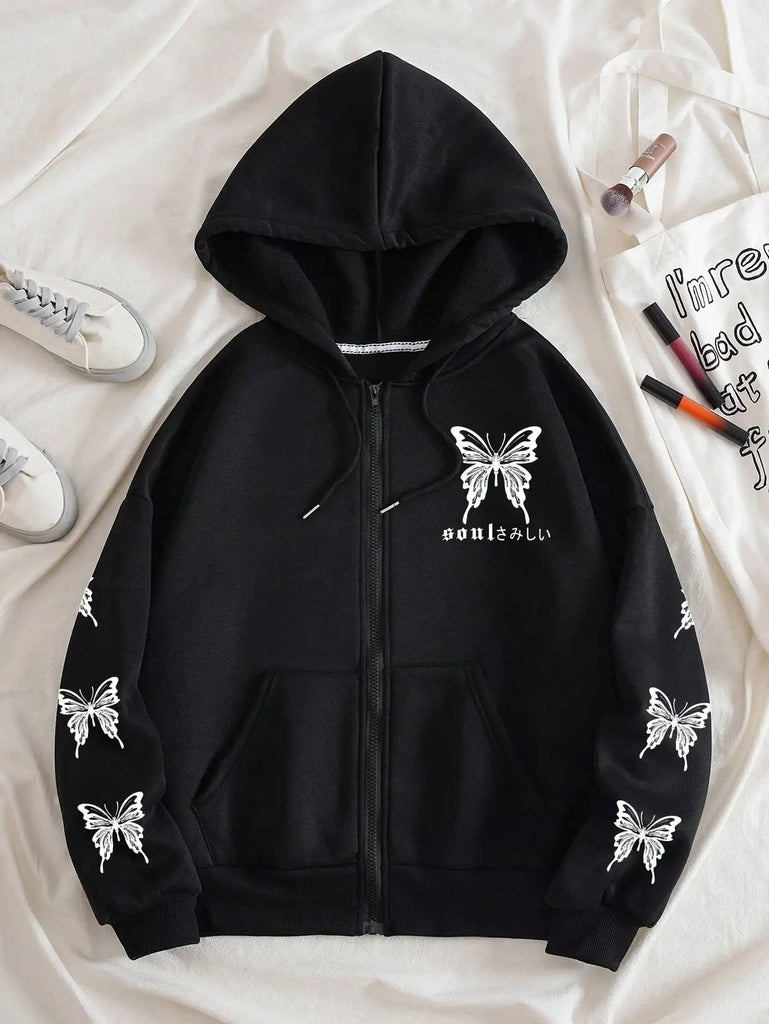 Womens Butterfly Print Zip Hoodie Fleece Warm Casual