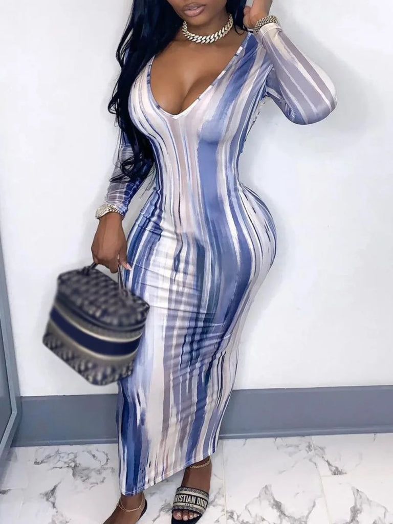 Tie Dye Bodycon Maxi Dress Long Sleeve U Neck Vacation