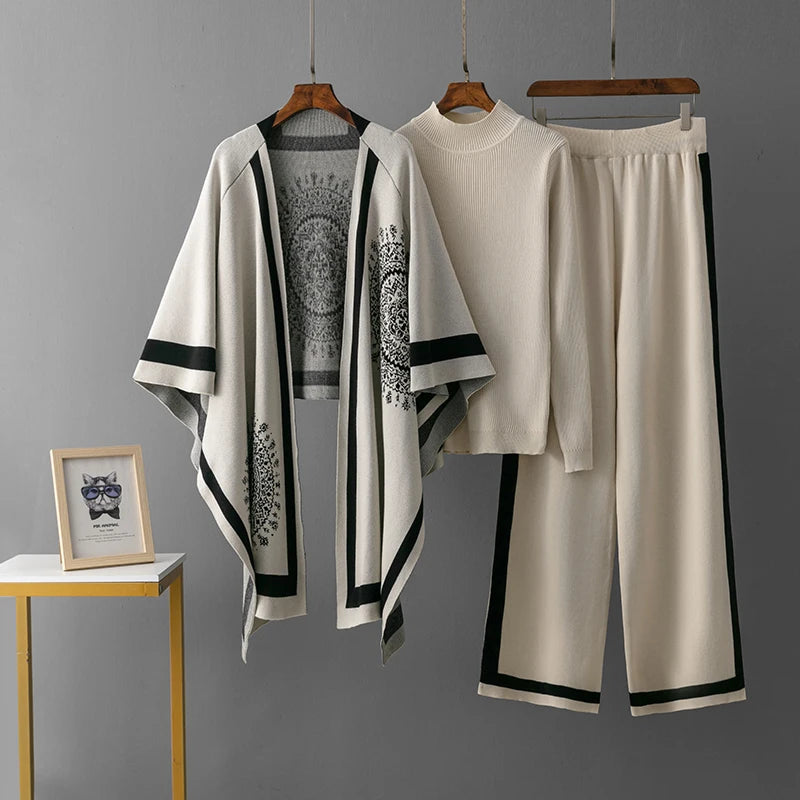 Cozy Three Piece Knit Loungewear Set With Shawl And Full Sleeve Top Plus Pants For Comfortable Autumn Days