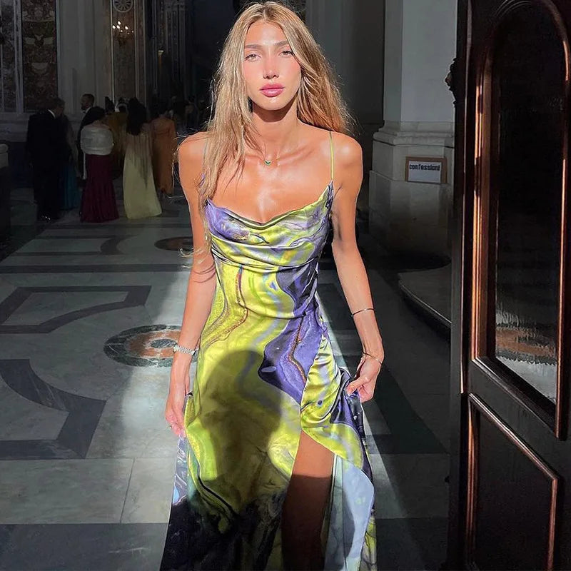 Backless Summer Print Dress with Slit and Spaghetti Straps