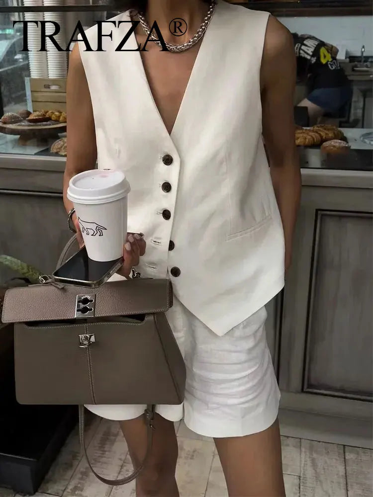 Casual Linen Sleeveless V-Neck Vest for Women Single Breasted Office Fashion Lightweight Linen Top by TRAFZA, perfect for summer.