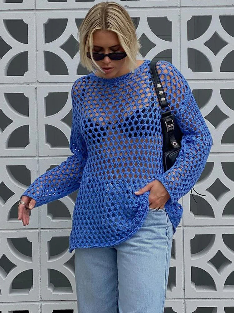 Knit Hollow Out Beach Cover Up Dress See Through For Women