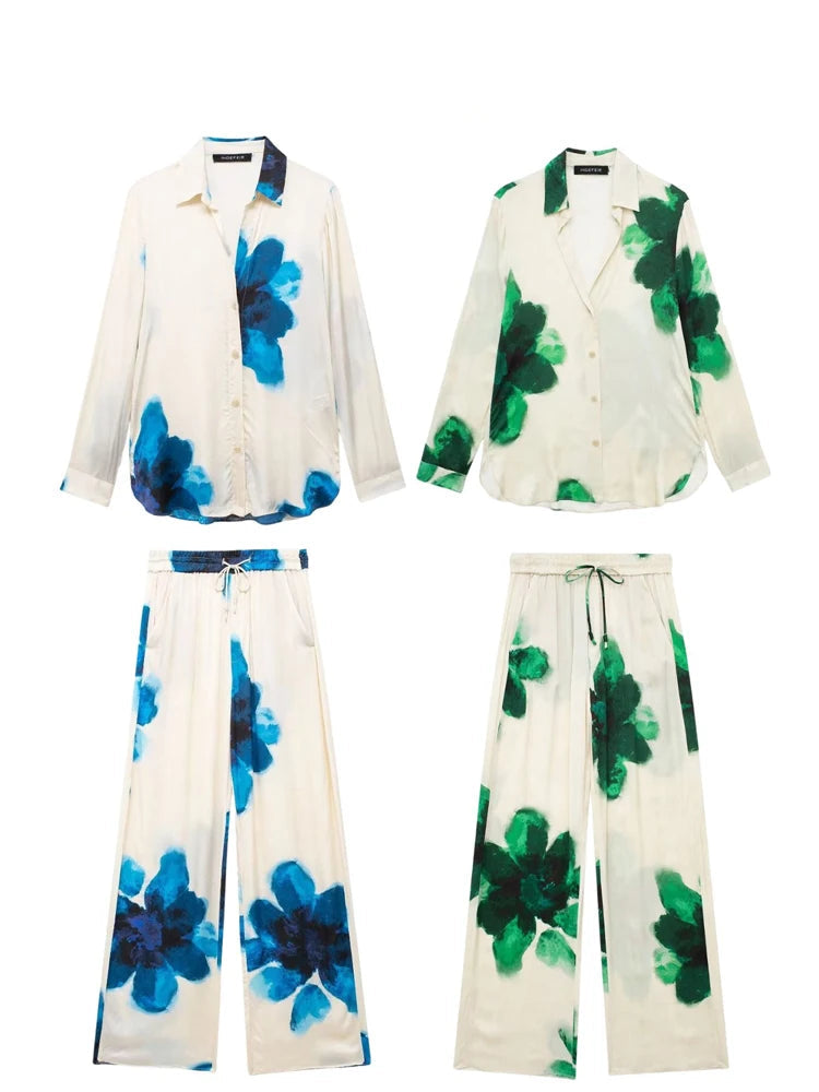 Trendy Summer Women’s Suit Set Printed Turn-Down Collar Long Sleeve Single Breasted Shirt with Elastic Waist Lace-Up Pants from TRAFZA.