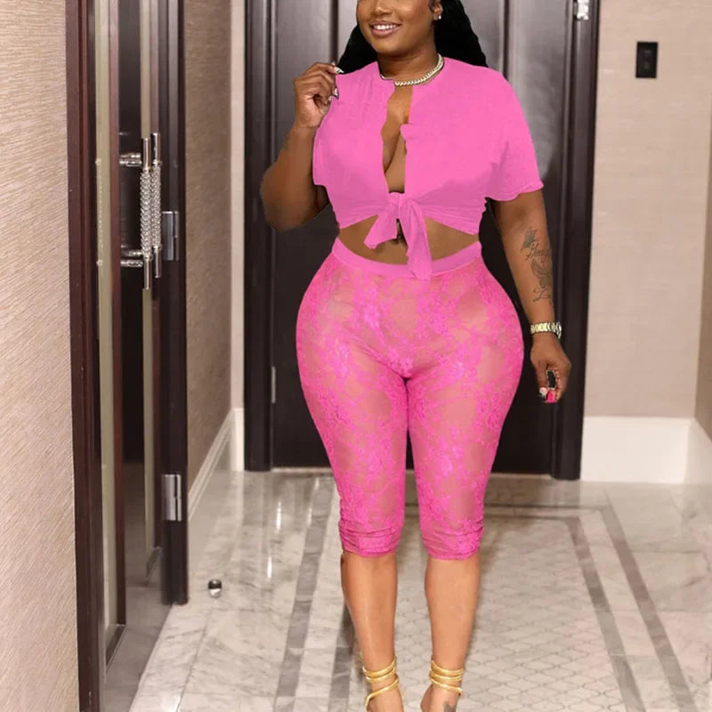 See Through Lace Two Piece Clubwear Set With Lace Up Crop Top Leggings