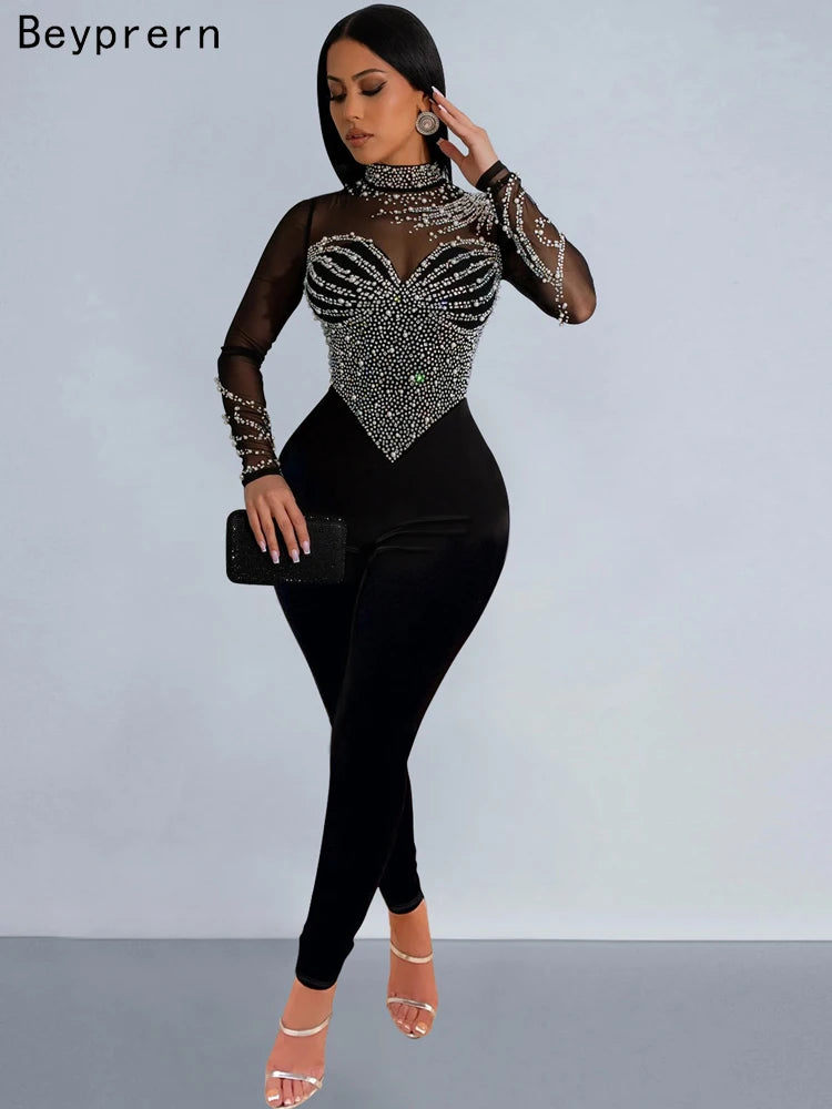 Beyprern Women's Sheer Mesh Crystal Jumpsuit with Pearls and Rhinestones offers a fitted, glamorous look for clubwear.