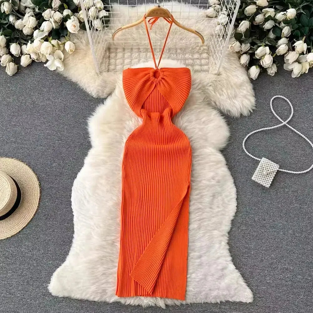 Knitted Bodycon Dress With Side Slit For Summer Party