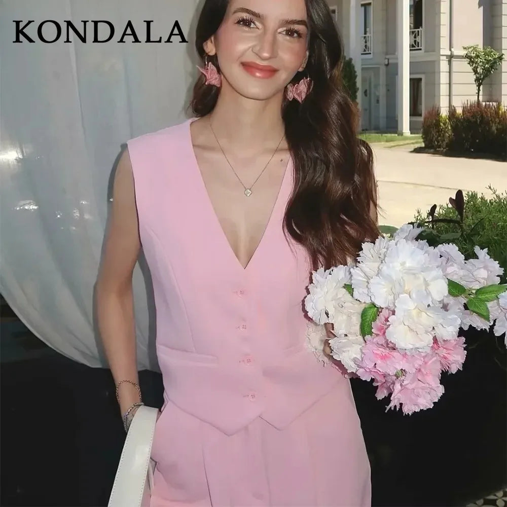 Women's Sleeveless Vest Suit Set With V-Neck Single-Breasted Vest And Mid-Waist Wide-Leg Pants