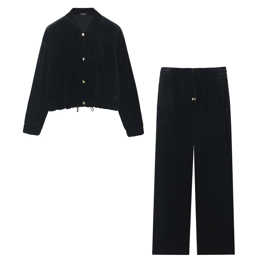 Chic Women’s Fashion Velvet Trouser Set with Wide Leg Pants and Long Sleeve Coat Top for Stylish Streetwear Outfit.