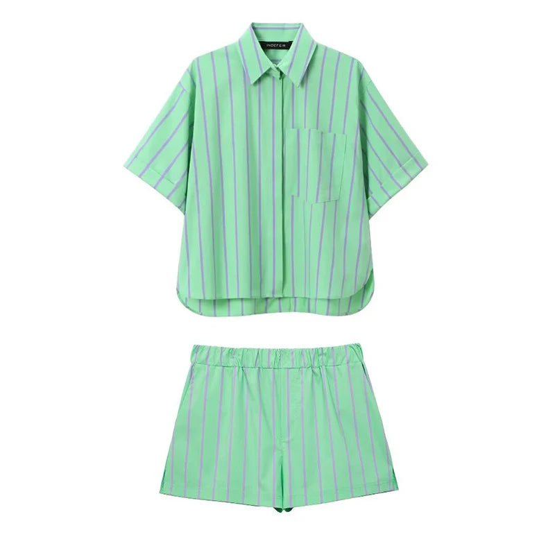 Women’s Chic Green Striped Two Piece Set with Single Breasted Shirt and Elastic Waist Shorts Stylish Summer Outfit by Willshela.