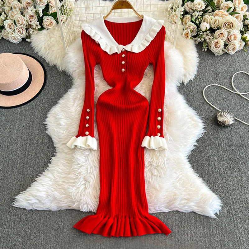 Ribbed Knit Bodycon Dress For Women With Long Ruffles