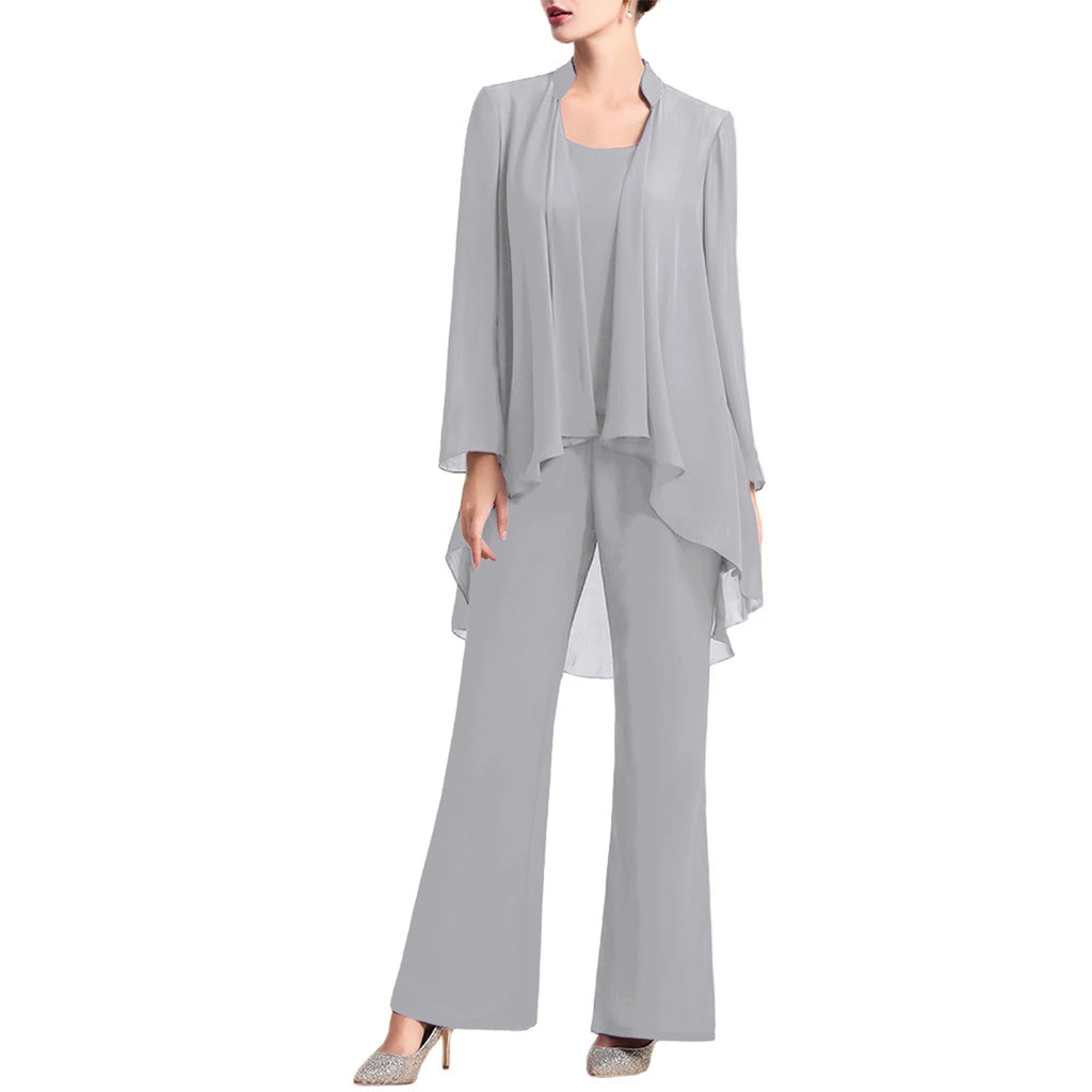Mother Of The Bride Chiffon Three Piece Pantsuit Set With Tank Top And Draped Cardigan For Wedding Formal Event