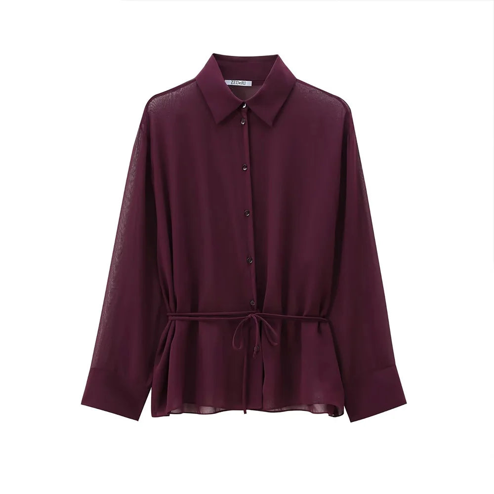 Elegant Women’s Wine Red Polo Collar Chiffon Shirt Long Sleeve Single Breasted Bow Lace Up Loose Blouse, perfect for any occasion.