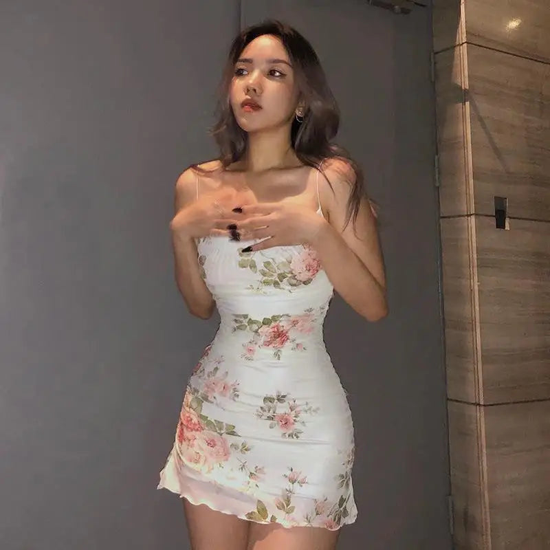 Suspender Mesh Dress With Irregular Print Retro Flower