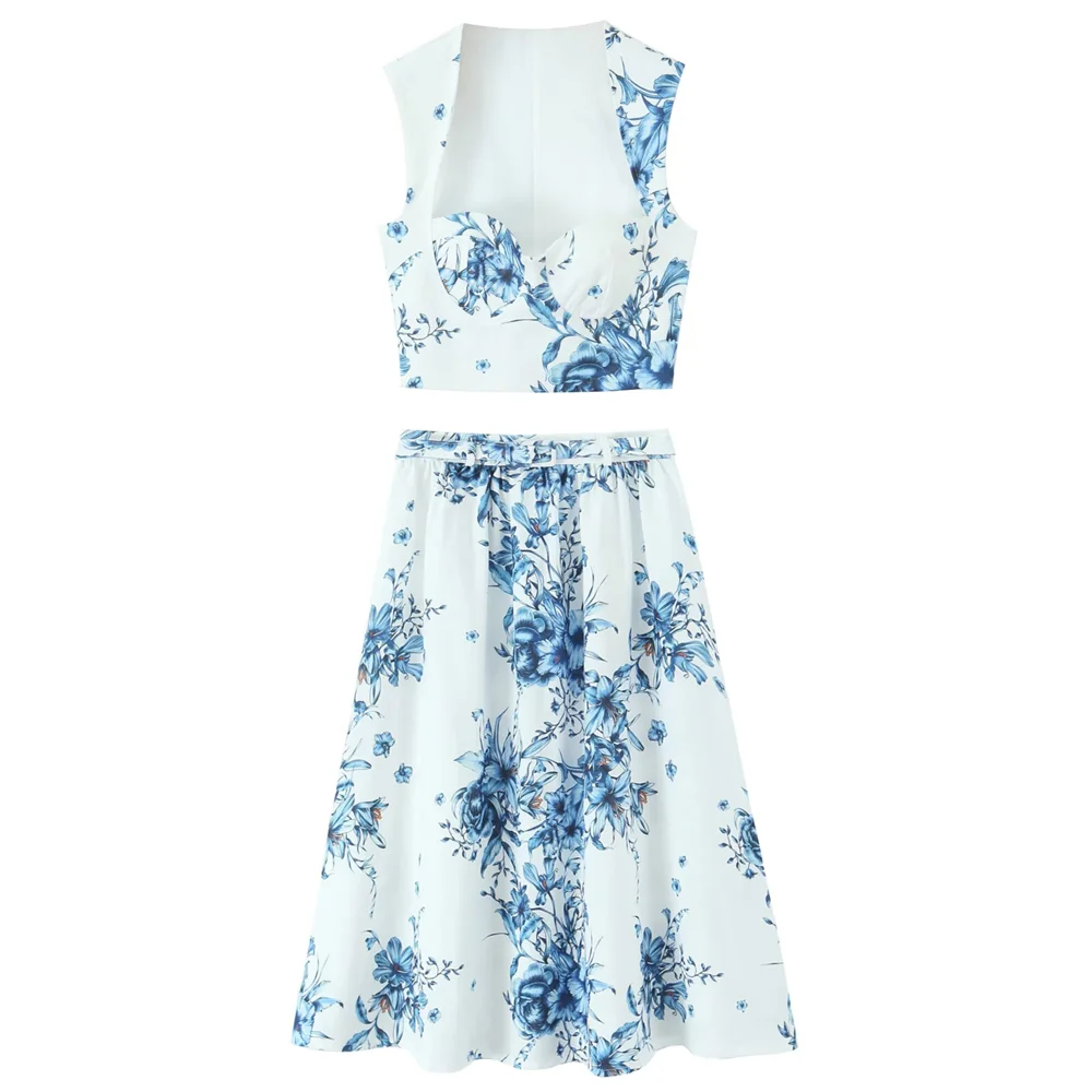 Women’s Sleeveless Floral Print Crop Top and Midi Skirt Set in White with Blue Flowers for Chic Summer Style